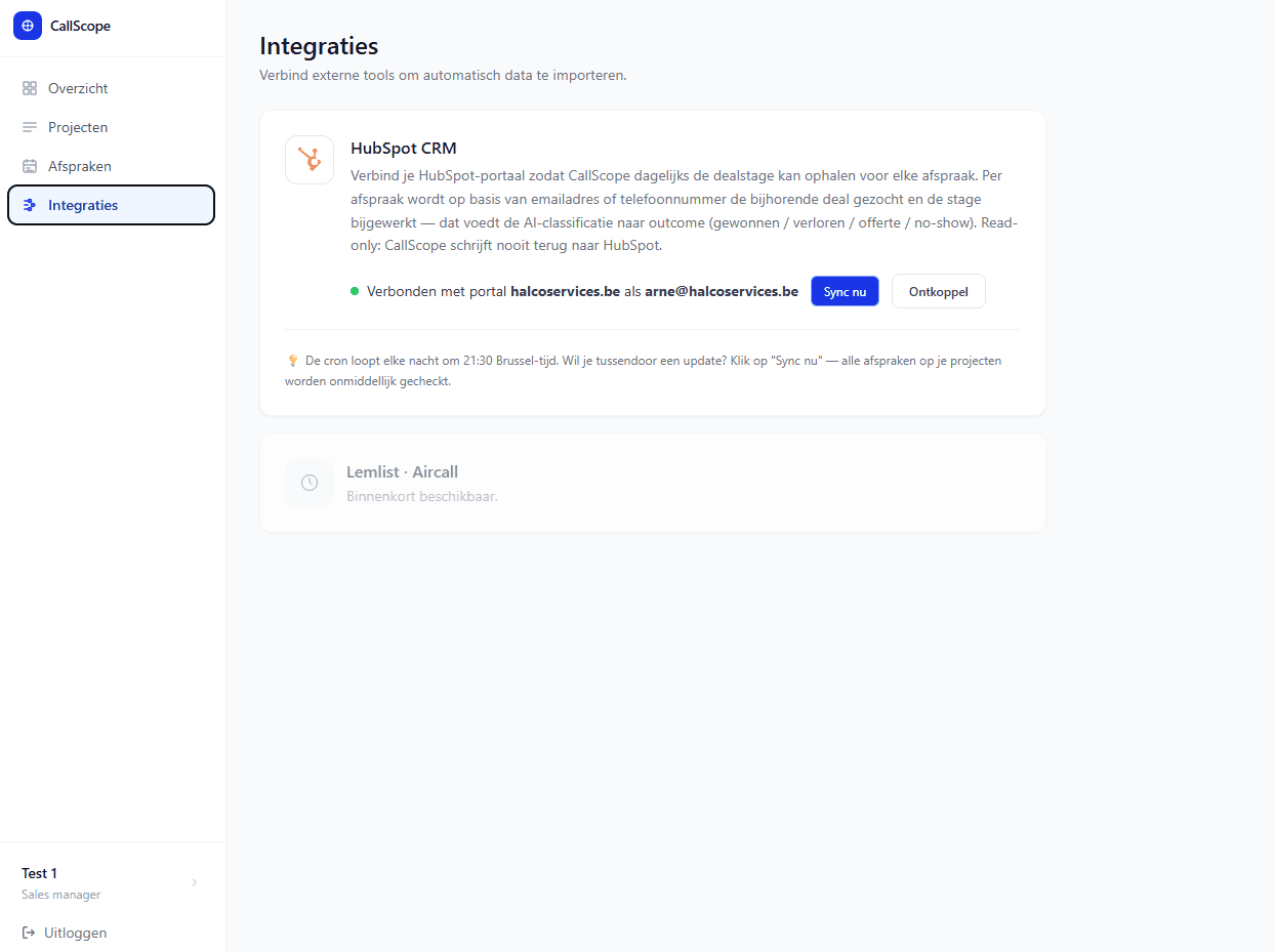 HubSpot integratie in CallScope