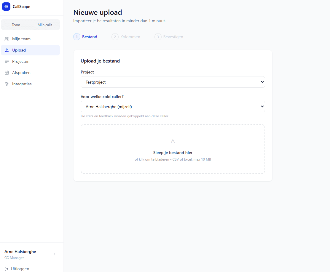 Upload-pagina met kolom-mapping