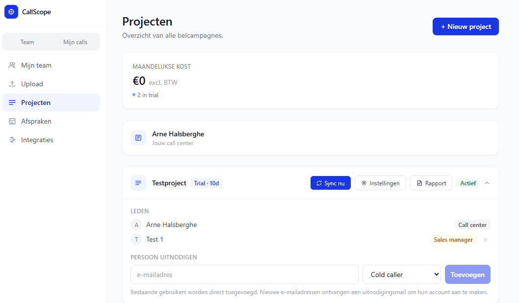 Project dashboard voor call center managers