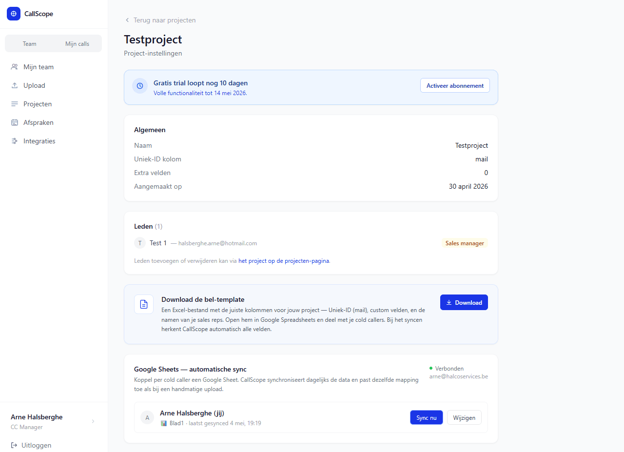 Project-instellingen na de wizard